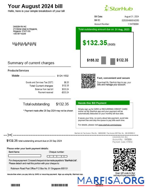 Blank Singapore StarHub business utility bill template in Word and PDF formats